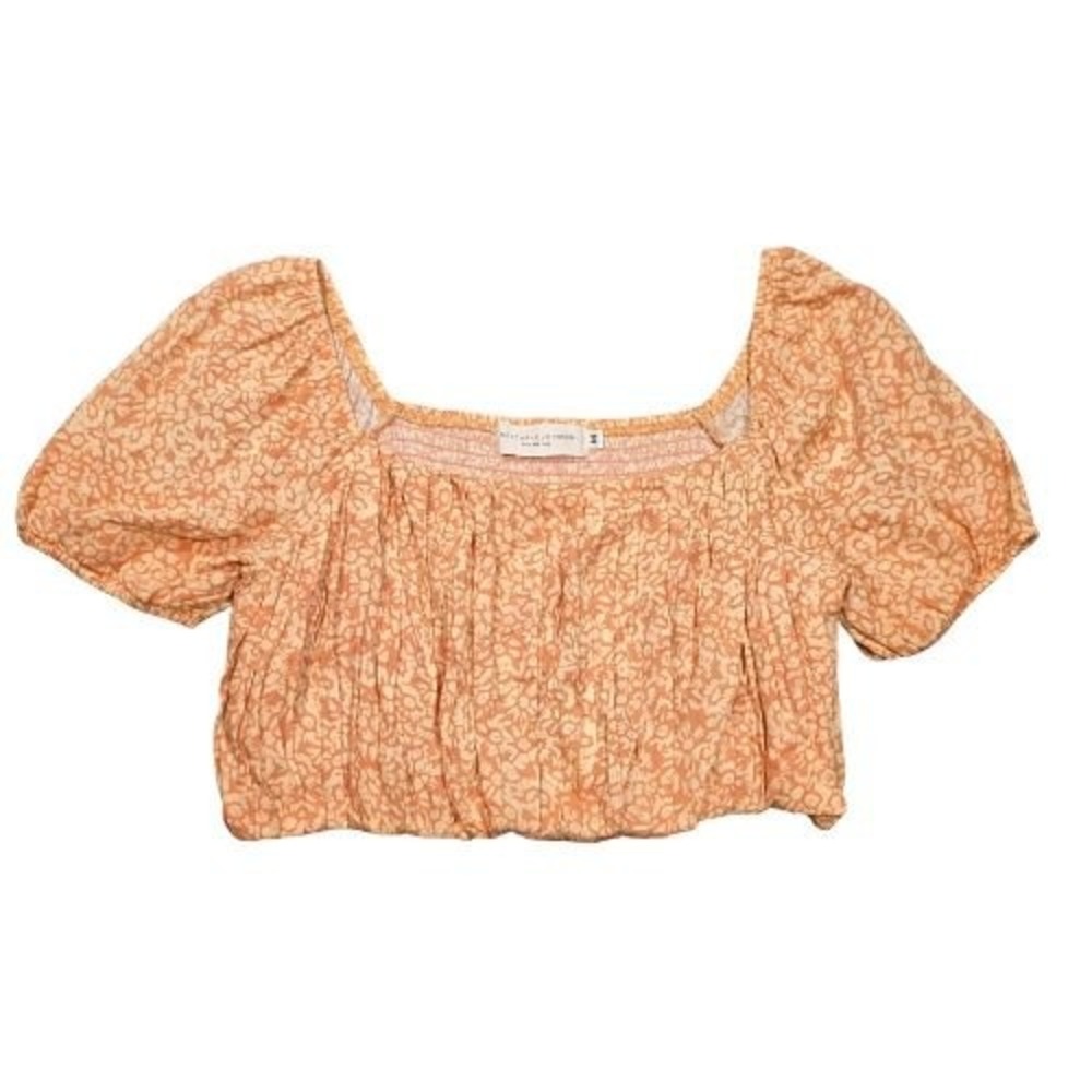 Nectar Clothing Floral Puff Sleeve Crop Top Peach Square Neck Smocked Back M